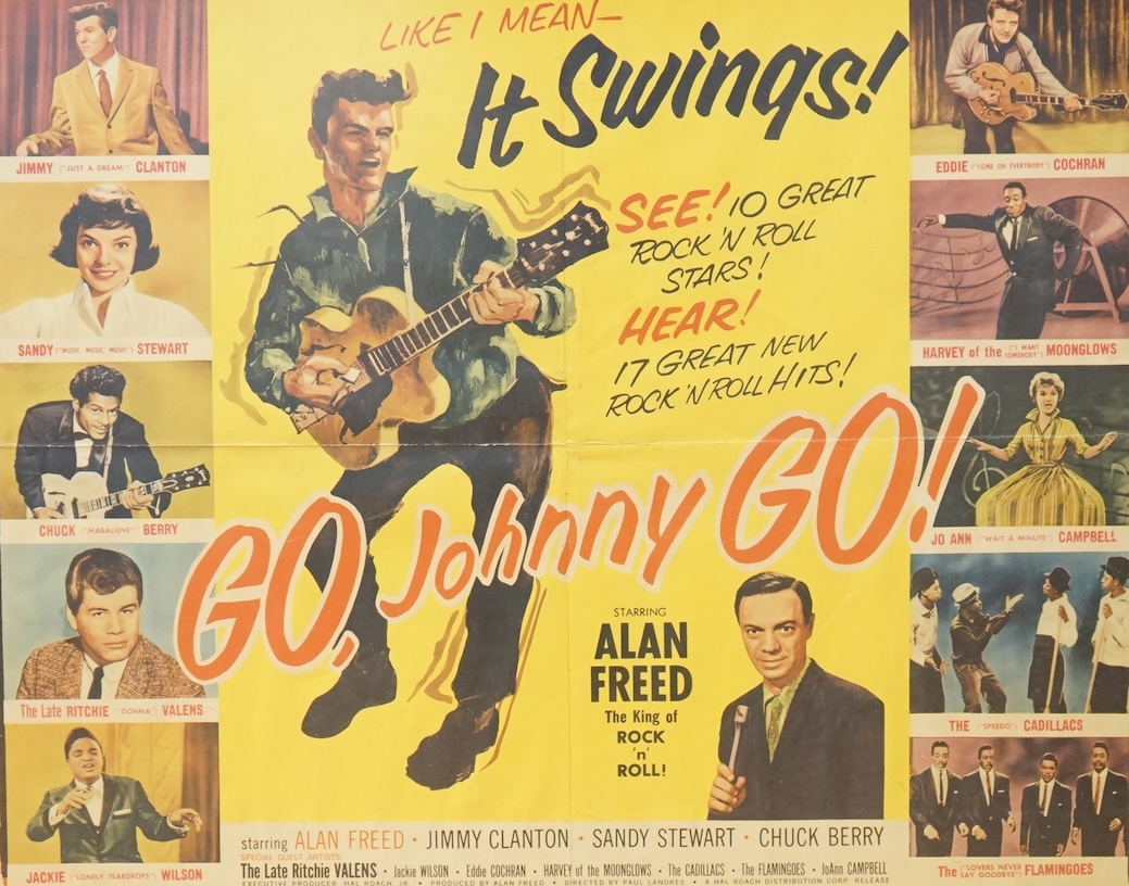 A framed 1950s Rock ‘n’ Roll advertising film cinema poster; ‘Go, Johnny Go!’, starring Alan Freed, and featuring Chuck Berry, Ritchie Valens, Jackie Wilson, Eddie Cochran, etc., dated 1959 by Ben Adler Advertising Servi
